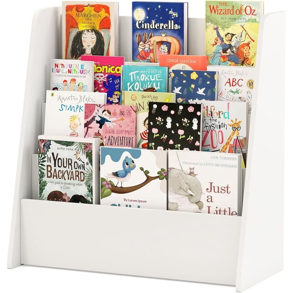 Bookshelf, 4-Tier Wooden Toddler Bookcase, Book Rack & Magazine Display Shelf, Toy Storage Organizer, Book Shelf for Rooms, Playroom, Nursery, Classroom (White)