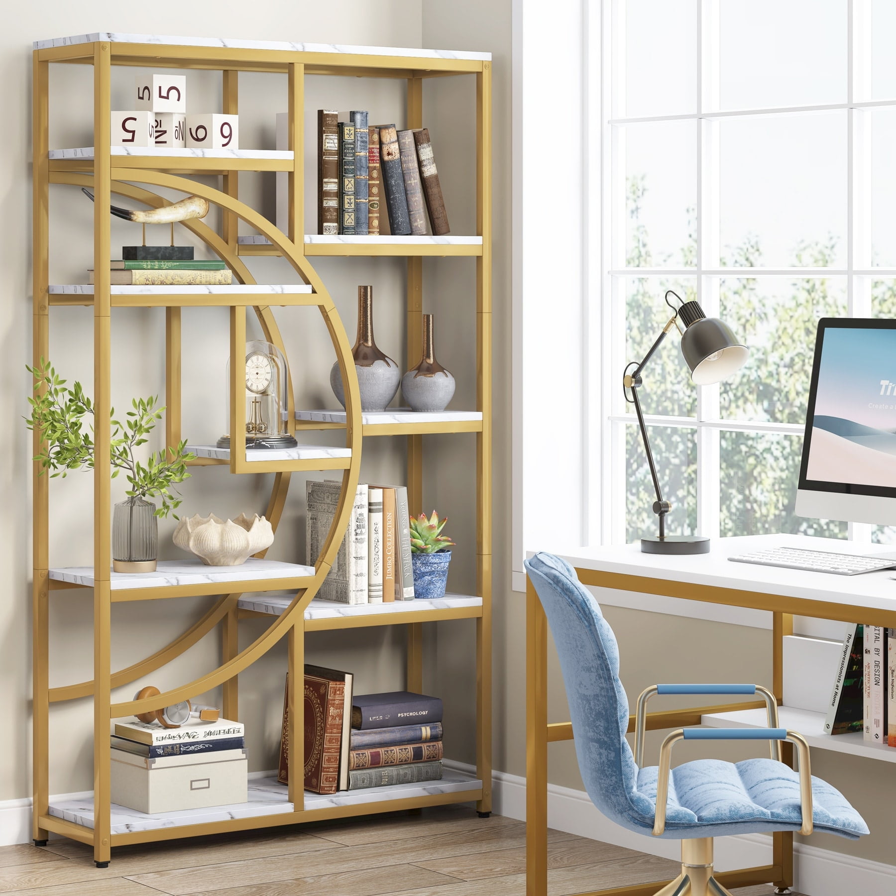 Gold Geometric Half-Moon 5-Shelf Bookcase with MDF and Metal Frame