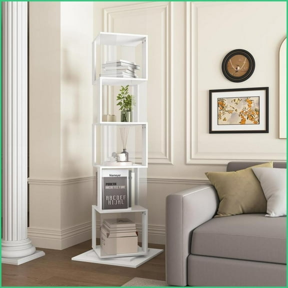 Bookshelf 5-Tier 360 Rotating with Clear Acrylic Shelves & Anti-Toppling Base | White | Particle Board