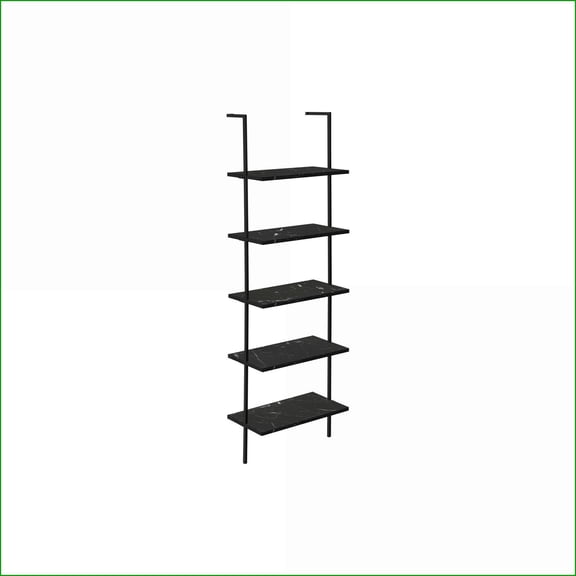 Bookshelf 5 Tier 72”H Contemporary Black Marble-Look Laminate | Black Metal Frame