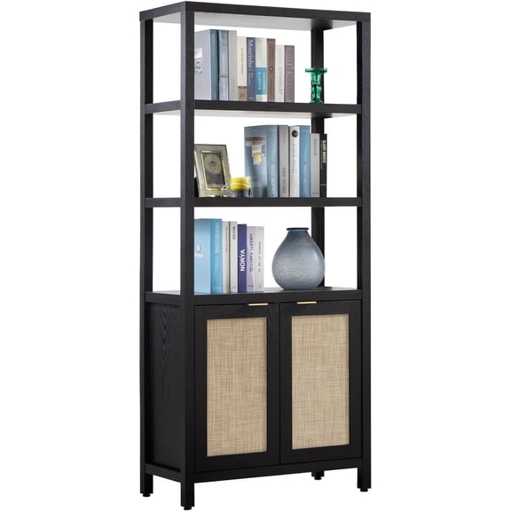 Bookshelf 5 Tier Book Shelf Rattan Boho 71" Tall Bookcase with Doors Storage Shelves Large Bookshelves Farmhouse Bookcases Library Book Case for Living Room Bedroom Home Office Kitchen