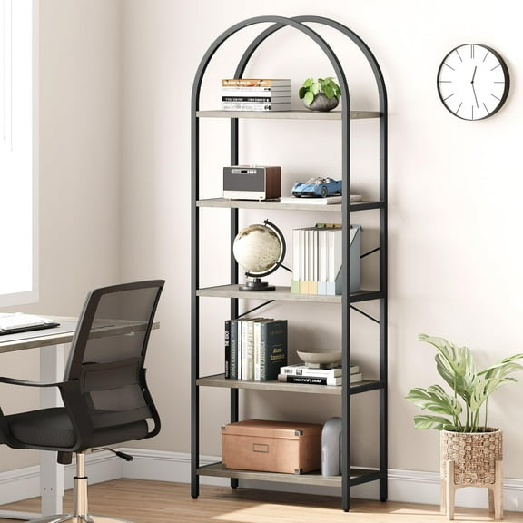 Bookshelf 5 Tier Bookcase Arched Display Racks Tall Standing Bookshelves Metal Frame Farmhouse Storage Rack Shelf Grey Book Shelf for Bedroom, Living Room, Home Office