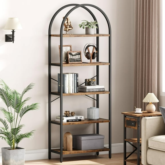 Bookshelf 5 Tier Bookcase Arched Display Racks Tall Standing Bookshelves Metal Frame Modern Storage Rack Shelf Large Wood Book Shelf for Bedroom, Living Room, Home Office, White/Gold