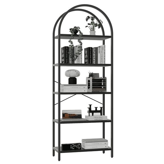 Bookshelf 5 Tier Bookcase Arched Display Racks Tall Standing Bookshelves Metal Frame Open Storage Rack Shelf Large Black Book Shelf for Bedroom,Living Room,Home Office