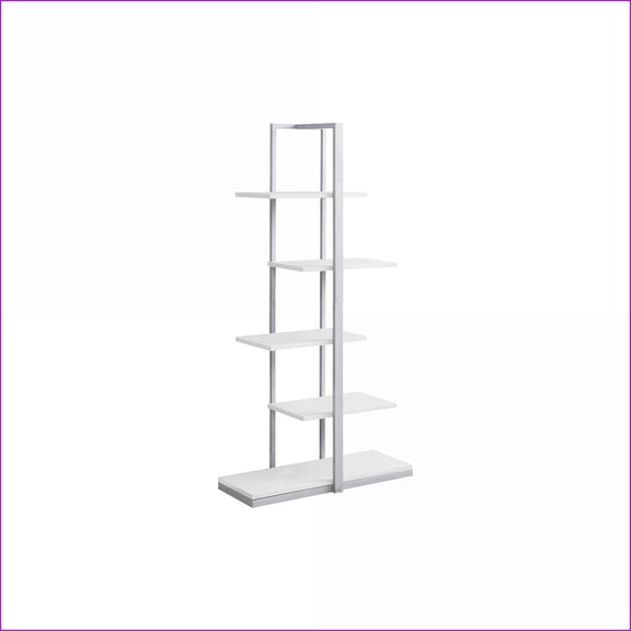 Bookshelf 5-Tier Contemporary Industrial Open Zig-Zag, White Laminate, Matte Silver Metal, 60 H | White | MDF