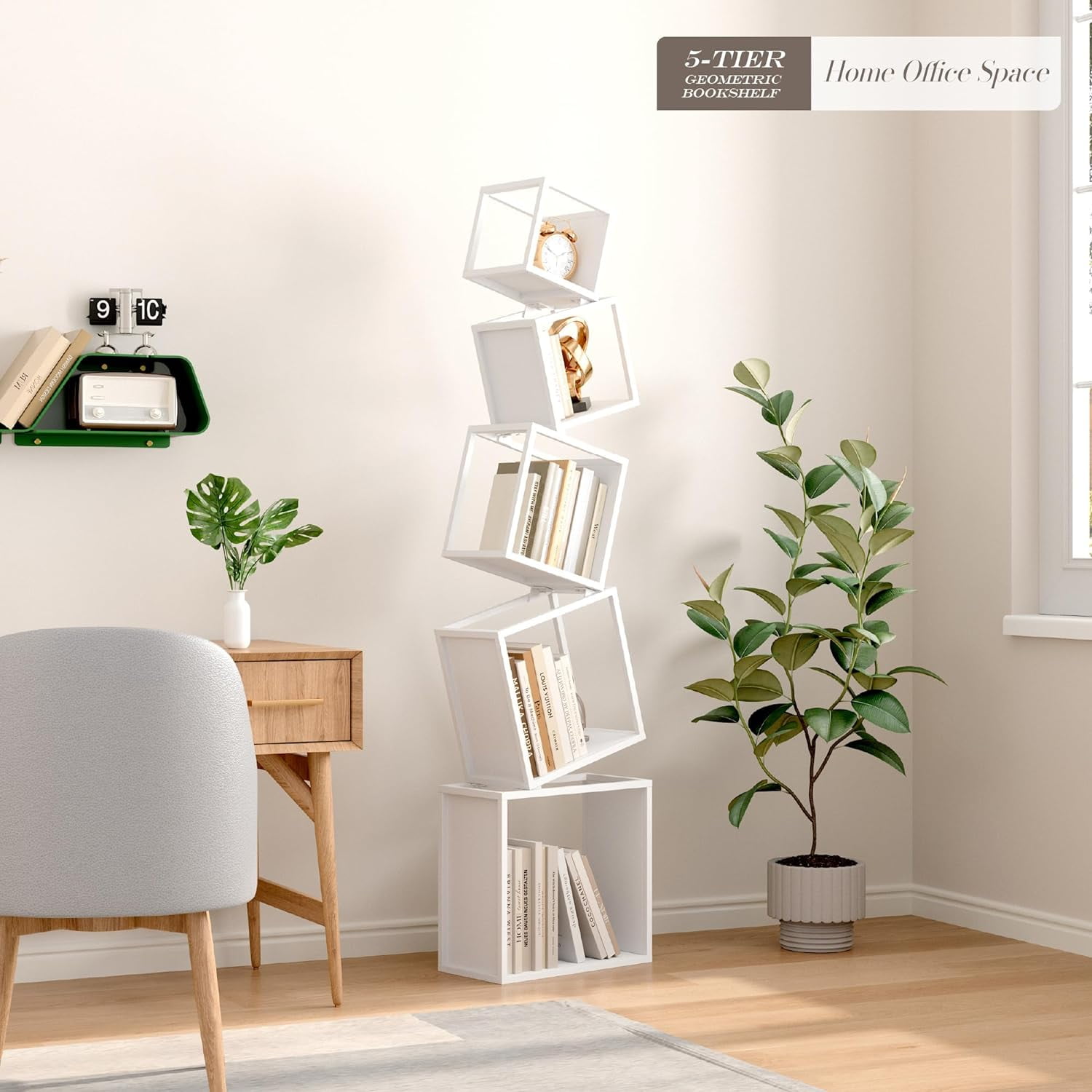 Bookshelf, 5Tier Geometric Bookcase, 70.6" Tall White Book Organizer