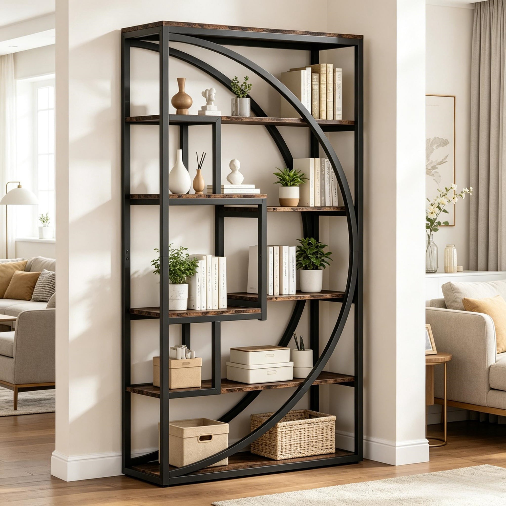 Bookshelf, 5-Tier Geometric Bookcase with 8 Open Shelves, Particle Board and Metal Frame, 48.03 in x 14.17 in x 9.84 in