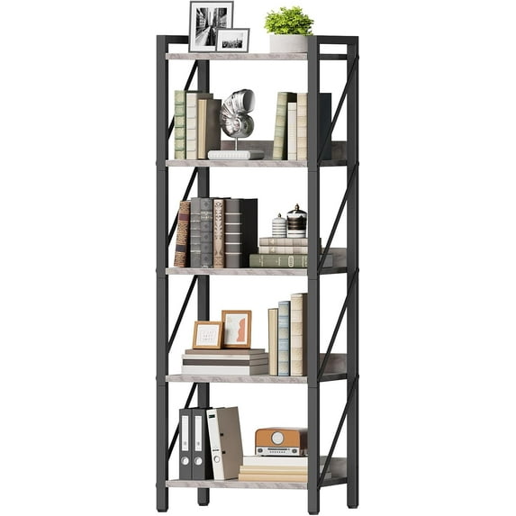 Bookshelf, 5-Tier Industrial Bookcase, Book Shelf Storage Organizer, Tall Bookshelf with Metal Frame for Living Room, Bedroom, Home Office, Kitchen, Greige and Black