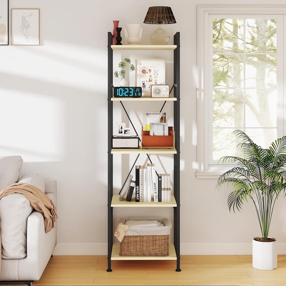 Bookshelf, 5 Tier Industrial Bookcase Storage Organizer, Display Shelves for Books/CDs, Bedroom Living Room Home Office, Natural Oak