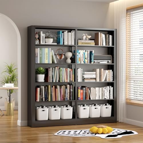 5-Tier Industrial Bookshelf - Tall Black Metal Bookcase, 68.9"H X 69.3"W