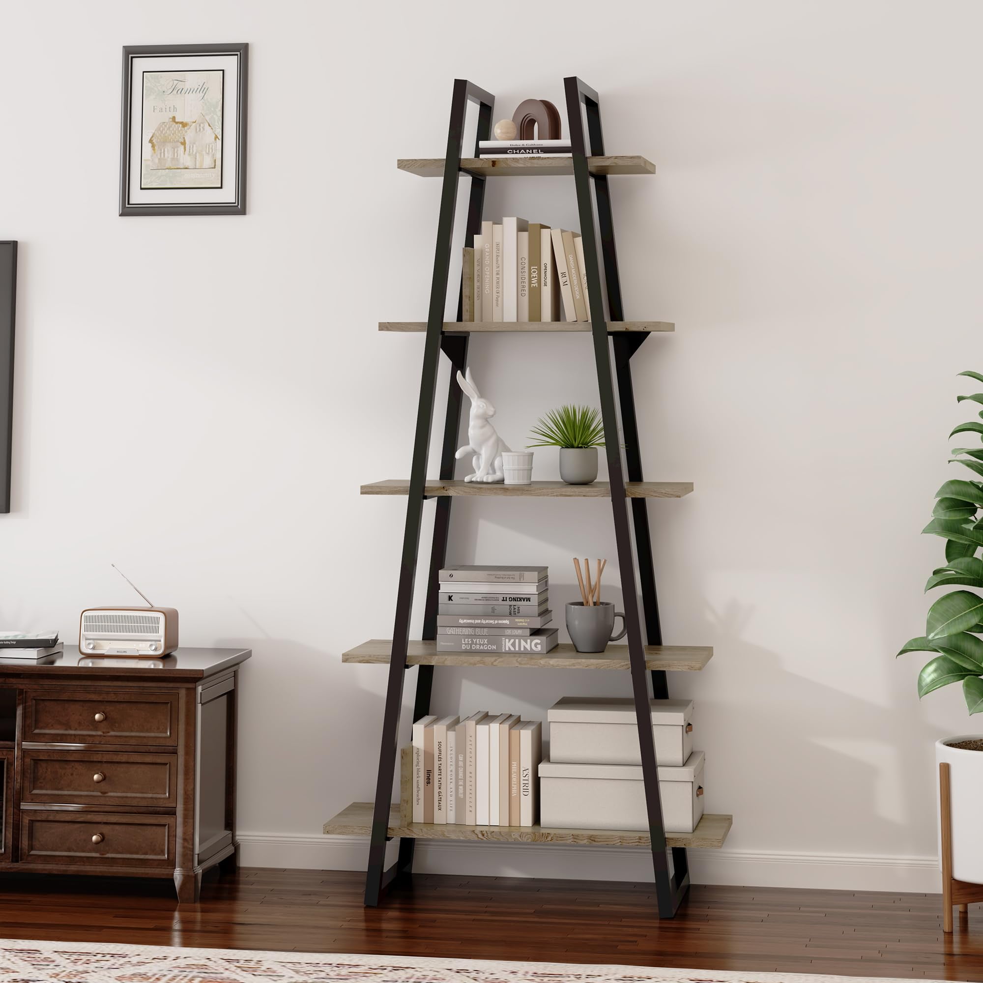 Bookshelf 5 Tier Industrial Wood, Tall Open Rustic Etagere Bookcase ...