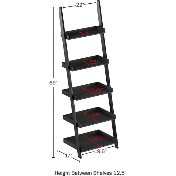 Bookshelf - 5-Tier Ladder Shelf with Leaning Look - Bookcase for Home Decor and Office Storage - Freestanding Book Shelves by (Black)