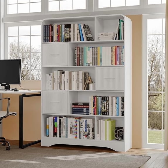 SOLACE FURNITURE Tall Bookcase,Modern 5 Tier Bookshelf with 3 Bins Storage & Open Shelf,White