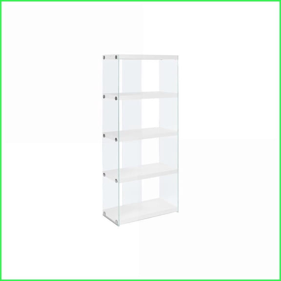 Bookshelf 5 Tier Modern Glossy White Laminate with Clear Tempered Glass, 58.75"H | White | MDF