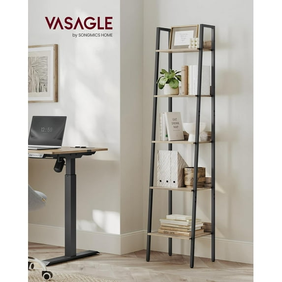 VASAGLE Bookshelf, 5-Tier Narrow Book Shelf, 11.8 x 13.3 x 66.9 Inches, Ladder Shelf for Home Office, Living Room, Bedroom, Kitchen, Camel Brown and Ink Black