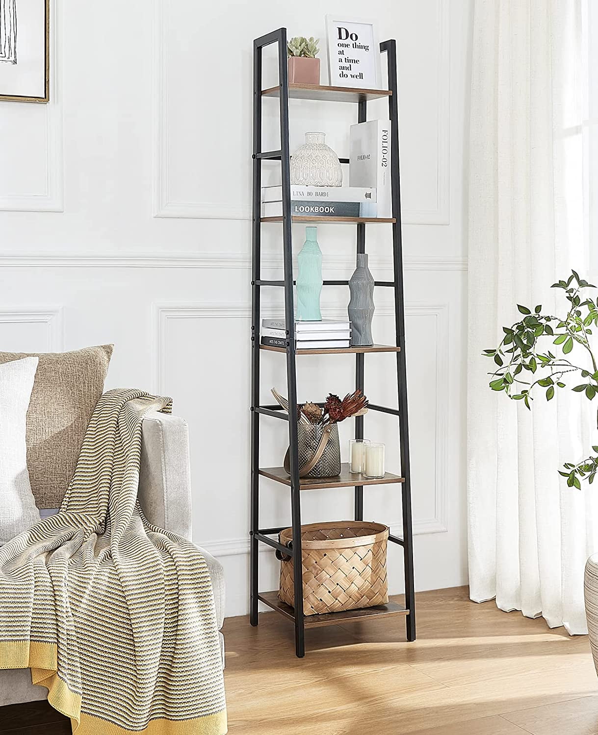 Bookshelf, 5Tier Narrow Ladder Shelf Bookcase with Metal Frame