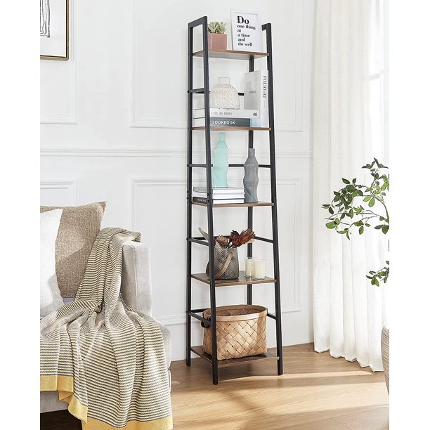 Bookshelf, 5Tier Narrow Ladder Shelf Bookcase with Metal Frame, Freestanding Corner Rack