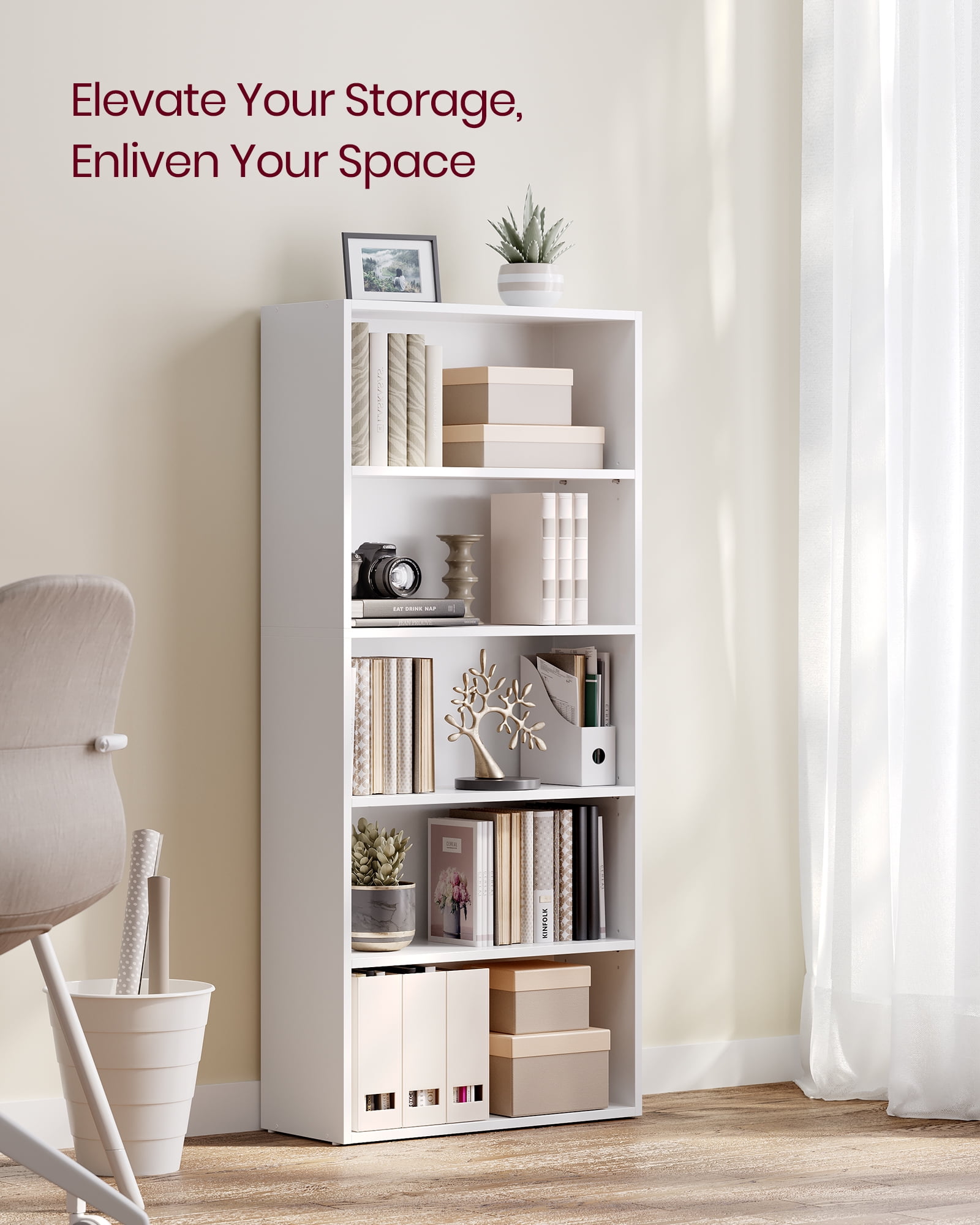VASAGLE 5-Tier Wooden Bookcase - Freestanding Display Shelf & Room Divider, Greige, 27.6L X 9.4W X 62.6H Inches