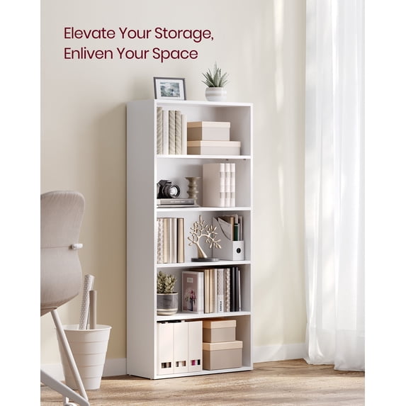 Bookshelf 5-Tier Open Bookcase with Adjustable Storage Shelves Floor Standing Unit White