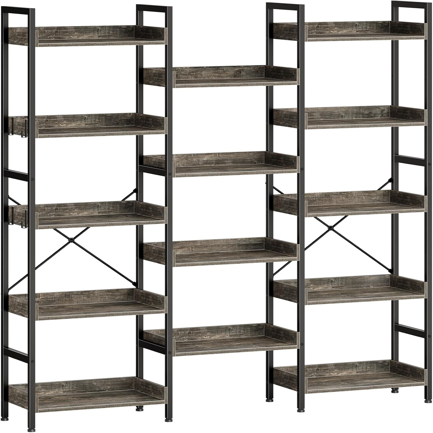 Bookshelf 5 Tiers with 4 Hooks Triple Bookcase with Open Display