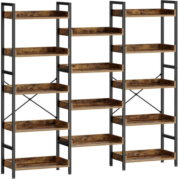 Bookshelf 5 Tiers, Triple Bookcase with Open Display Shelves, Industrial Wide Bookshelf with Metal Frame for Living Room, Office, Rustic Brown