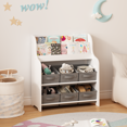 thumbnail image 1 of Bookshelf with 6 Fabric Storage Bins, Multi-Functional s Bookcase and Toy Organizer, White & Gray, 3-Tier Front-Facing Display Shelf for Playroom Bedroom Nursery, 1 of 14