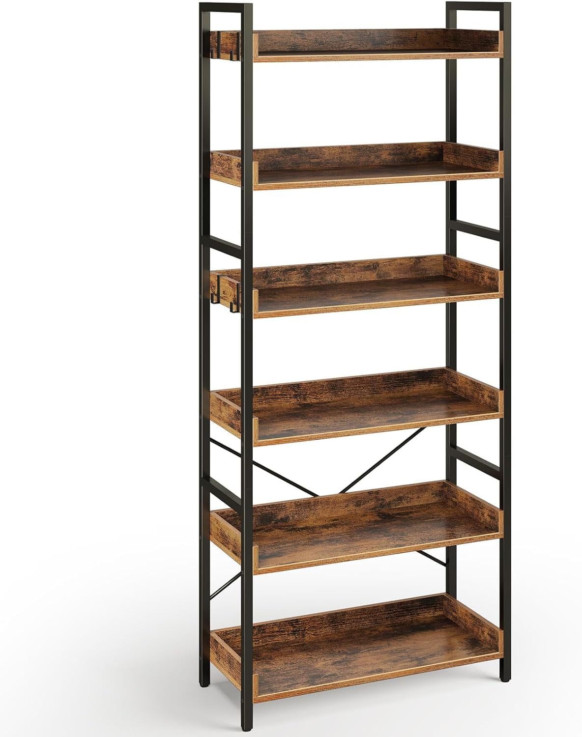Rustic Brown 6-Tier Adjustable Wood Bookshelf with Metal Frame