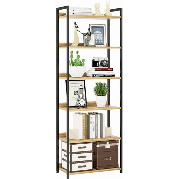 Bookshelf, 6 Tier Bookshelves, Home Office Bookcase Shelf Storage Organizer, Free Standing Storage Shelving Unit for Bedroom, Living Room and Home Office, Natural