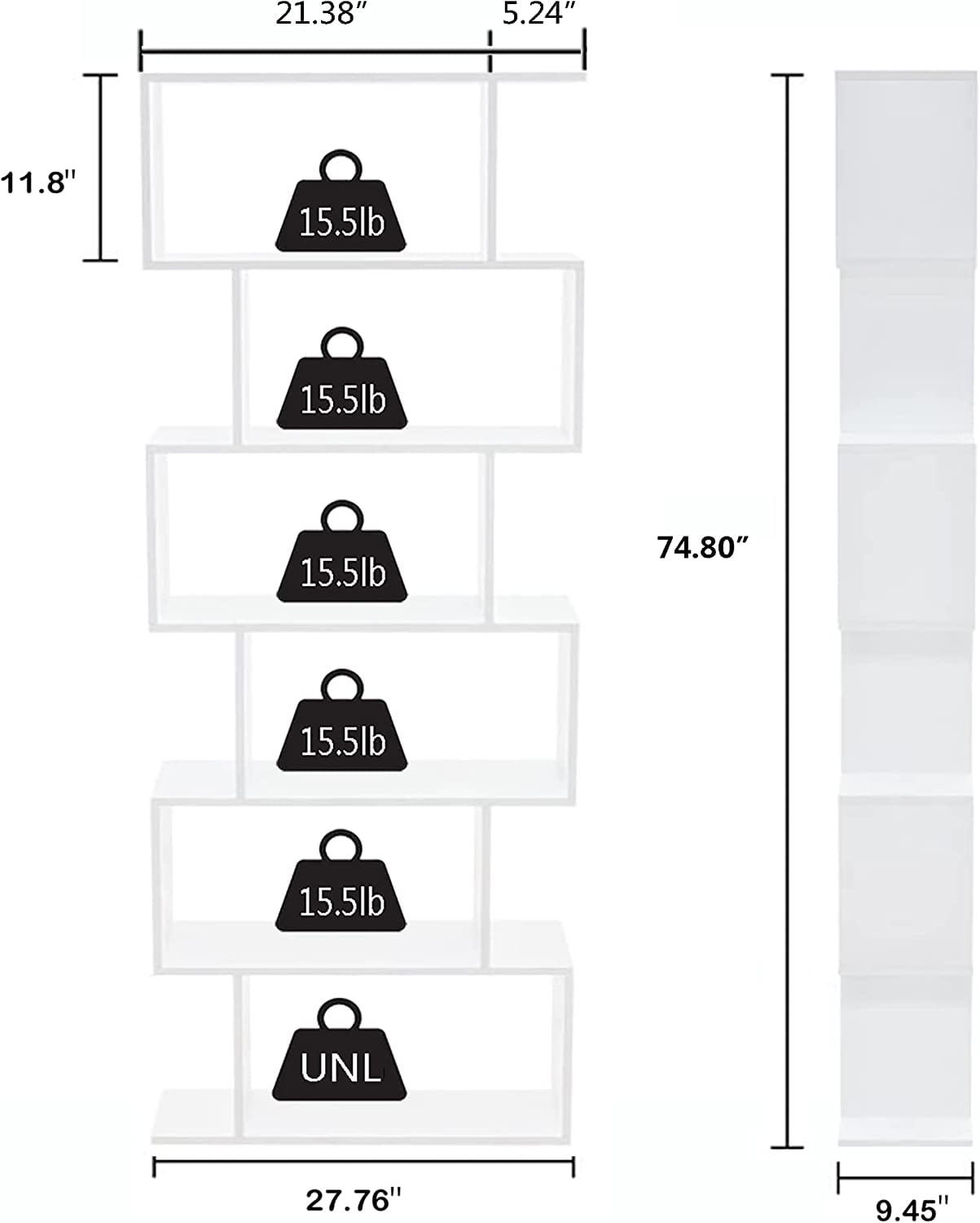 Bookshelf 6Tier, Geometric Bookcase S Shaped Book Shelves for Bedroom