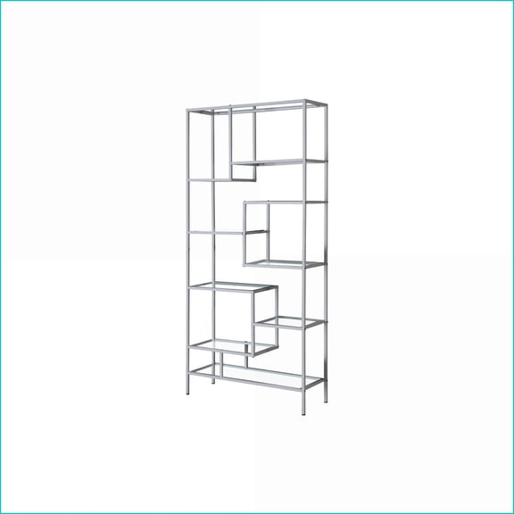 Bookshelf 72 H Contemporary | Slate Gray Metal | 9 Tempered Glass Shelves | Brushed Silver | Clear Tempered Glass