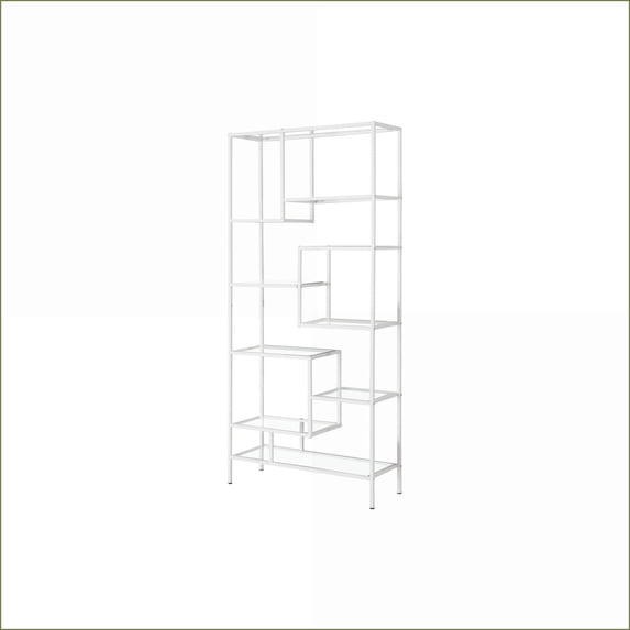 Bookshelf, 72”H Contemporary White Metal Etagere with 9 Tempered Glass Shelves | White | Clear Tempered Glass