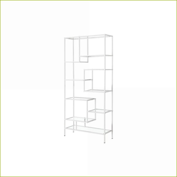Bookshelf, Sleek Contemporary White Metal 72”H with 9 Clear Tempered Glass Shelves | White | Clear Tempered Glass