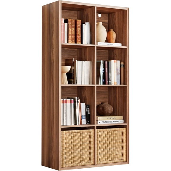 Bookshelf, 8-Cube Storage Cube Shelf Organizer, Extra Thick Frame Horizontally & Vertically Reversible Bookcase with Open for Living Room, Bedroom, Home Office, Oak Brown