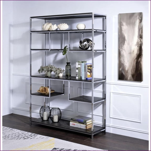 Bookshelf, Rustic Grey Oak & Chrome Silver 8-Shelf | Grey,Rustic | Wood+Metal