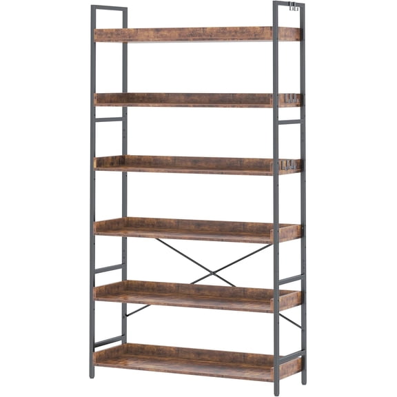Bookshelf, Adjustable Industrial Bookcase, Vertical Tall Book Shelf, Wood and Black Metal Open Bookshelves for Home Office, Living Room, Bedroom (Rustic Brown, 6-Tier (31" W x 70" H))