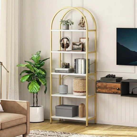 Bookshelf, Arched Bookcase with Metal Frame 5 Tiers Bookshelf Industrial Arched Cabinet Display Shelf Floorstanding Storage Shelving Unit for Bedroom Living Room Home Office, White and Gold