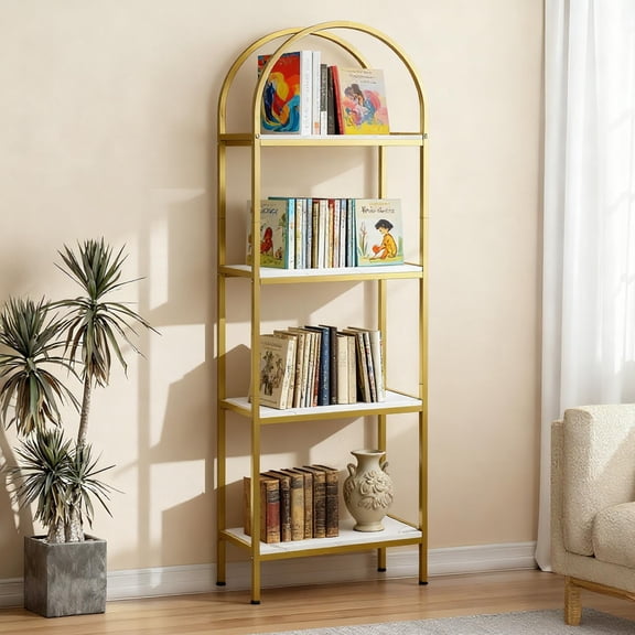 Bookshelf, Arched Bookshelf 4/5 Tier Bookcase, Modern Book Shelf Home Office Shelf Storage Organizer with Metal Frame for Bedroom/Living Room