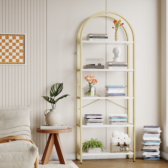 Bookshelf, Arched Bookshelf 5 Tier Bookcase, Home Office Shelf Storage Organizer, Modern Book Shelf, with Reinforced Bracket and Anti-tilt Buckle, for Bedroom, Living Room, Office
