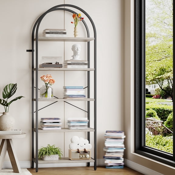 Bookshelf, Arched Bookshelf 5 Tier Bookcase, Home Office Shelf Storage Organizer, Modern Book Shelf, with Reinforced Bracket and Anti-tilt Buckle, for Bedroom, Living Room, Office