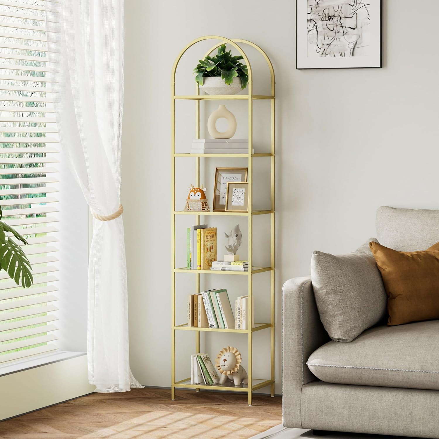 Bookshelf Arched Display Racks,Metal Bookcase,Tempered Glass Shelves ...