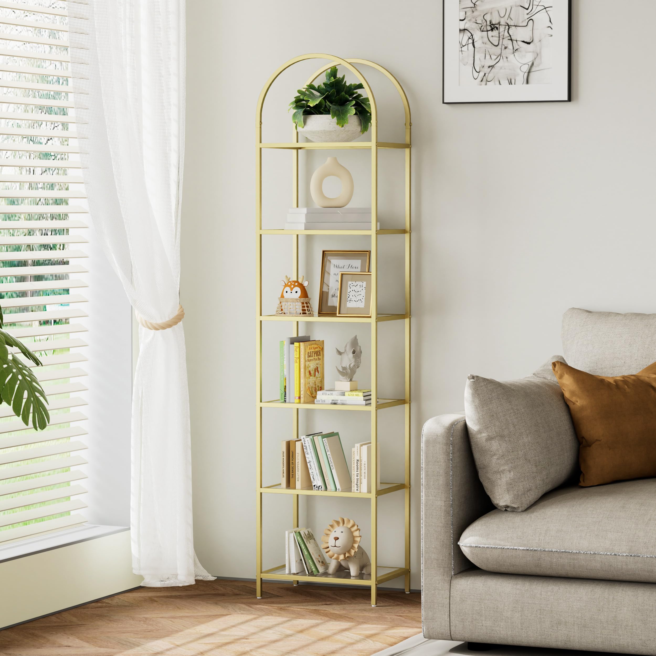 Golden Metal Racks Bookshelf Arched Display Racks,Metal Bookcase,Tempered Glass Shelves ...
