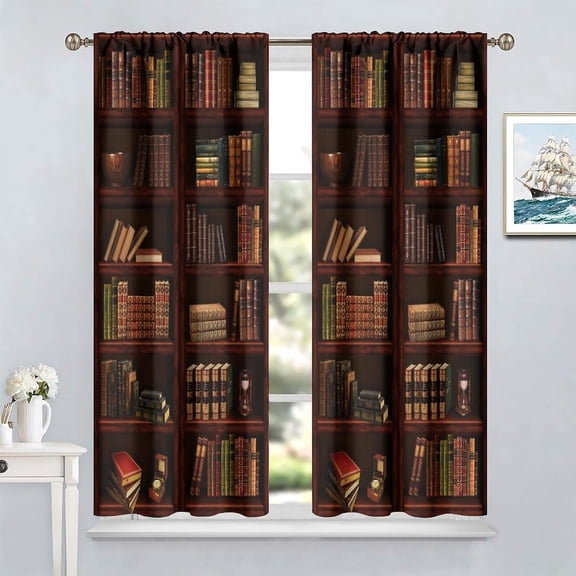 Bookshelf Blackout Curtains, Retro Wood Antique Bookshelf Book Lover Library Learning Education Bookcase Print Rod Pocket Window Treatments Drapes for Bedroom Living Room84x84in