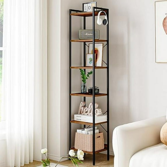Bookshelf, Book Shelf, Industrial Bookcase with 2 Hooks, Coner Shelf Storage Organizer for Home Office, Living Room, Bedroom, Kitchen, 6-Tier Rustic Brown