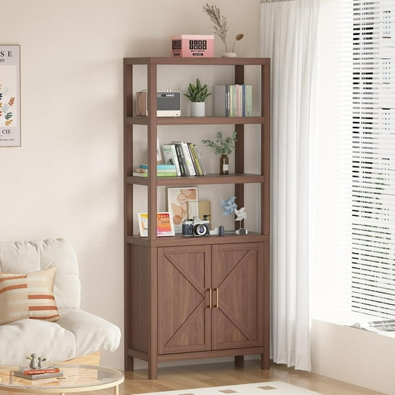 Bookshelf Bookcase, 5 Tier Wooden Bookcases with Open Shelf & Doors Cabinet, 71 in Tall Bookcase with Adjustable Shelves, Farmhouse Bookshelves Library Bookcase for Living Room Home Office