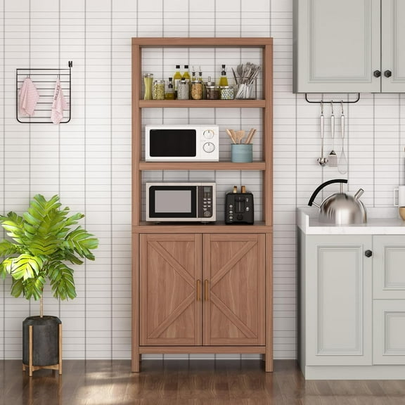 Bookshelf Bookcase, 5 Tier Wooden Bookcases with Open Shelf & Doors Cabinet, 71 in Tall Bookcase with Adjustable Shelves, Farmhouse Bookshelves Library Bookcase for Living Room Home Office