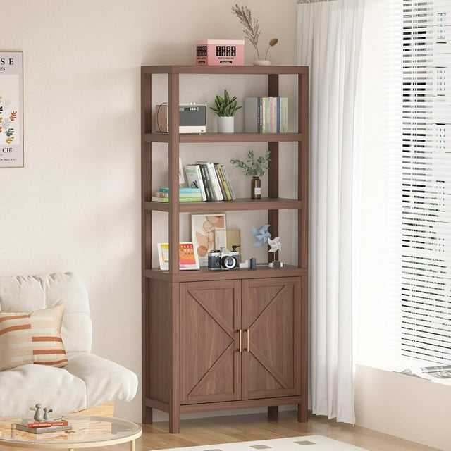 Bookshelf Bookcase, 5 Tier Wooden Bookcases with Open Shelf & Doors Cabinet, 71 in Tall Bookcase with Adjustable Shelves, Farmhouse Bookshelves Library Bookcase for Living Room Home Office