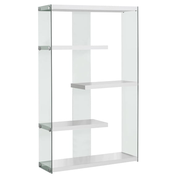 Bookshelf, Bookcase, Etagere, 5 Tier, 60"H, Office, Bedroom, Glossy White Laminate, Clear Tempered Glass, Contemporary, Modern