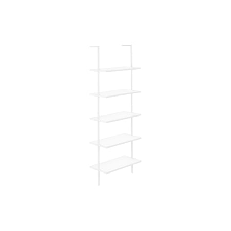 Bookshelf, Bookcase, Etagere, Ladder, 5 Tier, 72"h, Office, Bedroom, White Laminate, White Metal, Contemporary, Modern