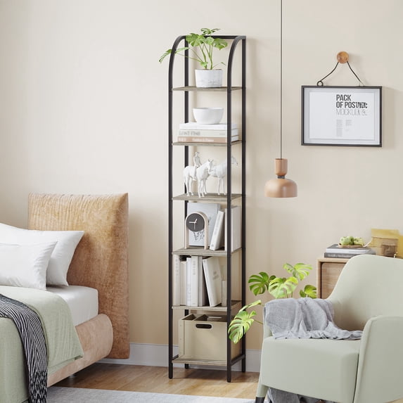 Hzuaneri Bookshelf Bookcase Narrow Bookcase Shelf Organizer with Steel Frame for Study Living Room Bedroom Kitchen Home Office Industrial Bookshelf 6-Tier Greige