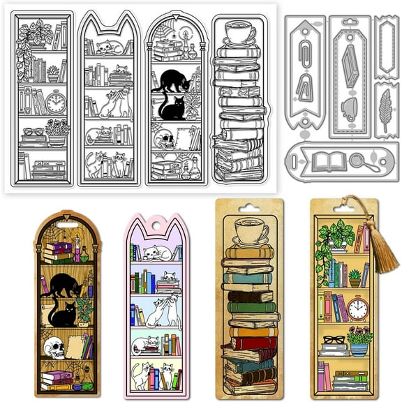 Bookshelf Bookmark Clear Stamps and Metal Die Cuts Magic Bookshelf Transparent Stamp Cat Book Frame Cutting Dies for Card Making Embossing Scrapbooking